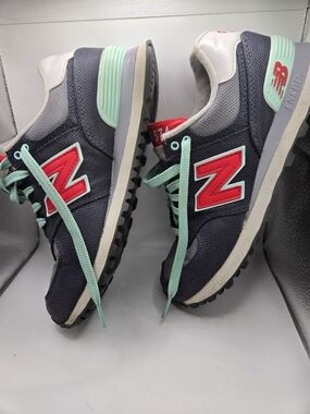 New Balance 574 Woman's Gray & Mint Retro Runner Sneakers with Red Accents